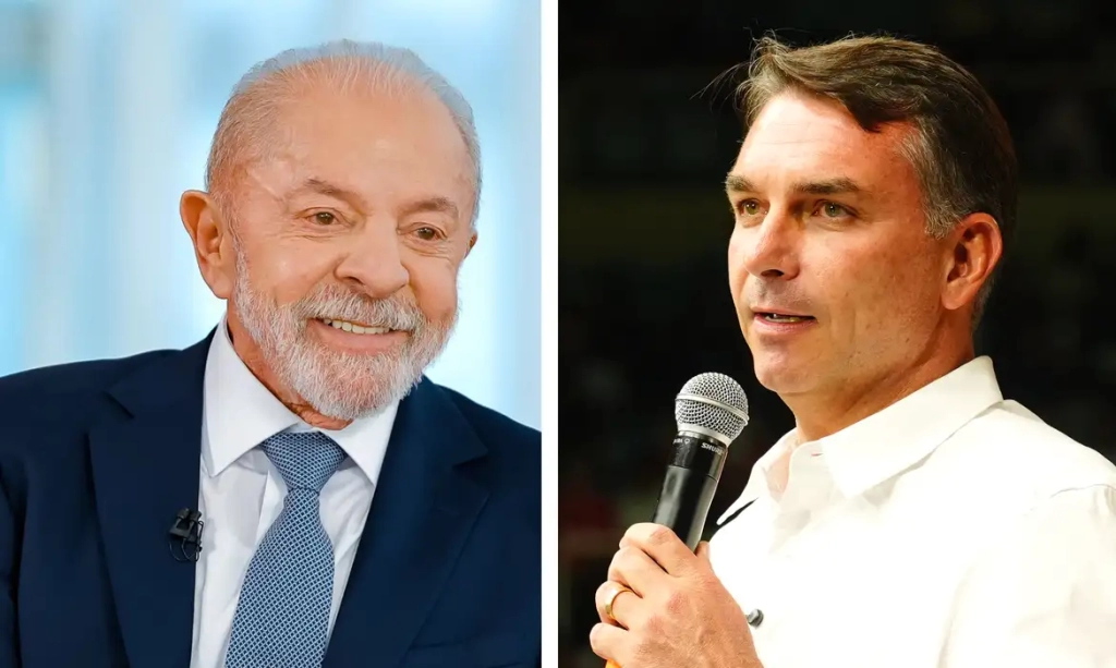 Montagem com fotos de Lula, à esquerda, e Flávio Bolsonaro, à direita, candidatos à Presidência em 2026